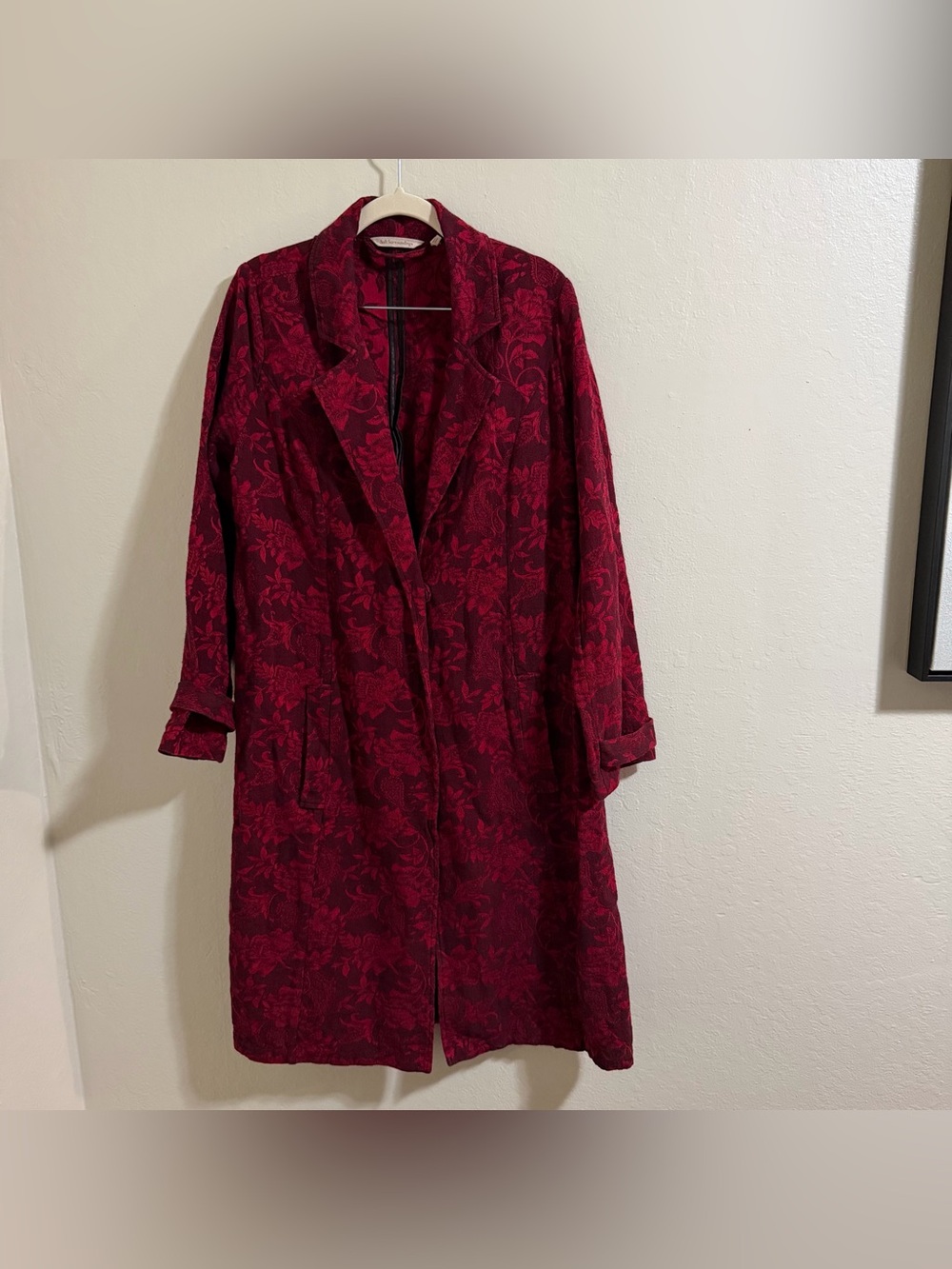 Soft Surroundings Floral Jacquard Duster Jacket Size S Red Burgundy linen blend